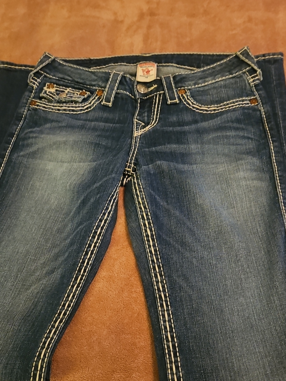 True Religion Women's Medium Blue Boot Cut Jeans with White Contrast Stitching